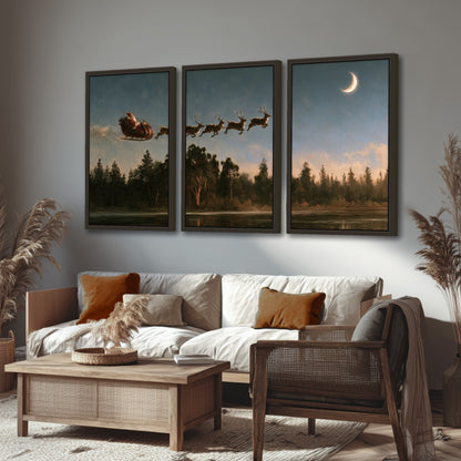 Santa sleigh at dusk painting 3 piece framed canvas in a rustic living room