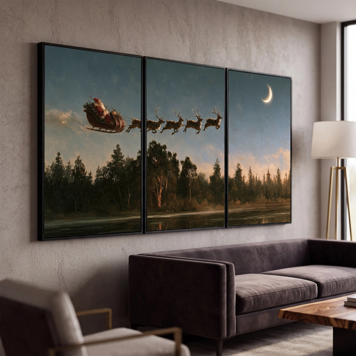 Santa sleigh at dusk painting 3 piece framed canvas in a modern living room