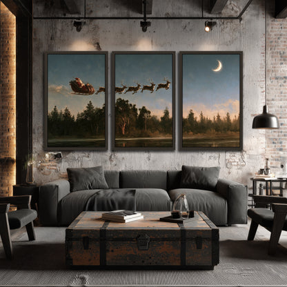 Santa sleigh at dusk painting 3 piece framed canvas in an industrial loft