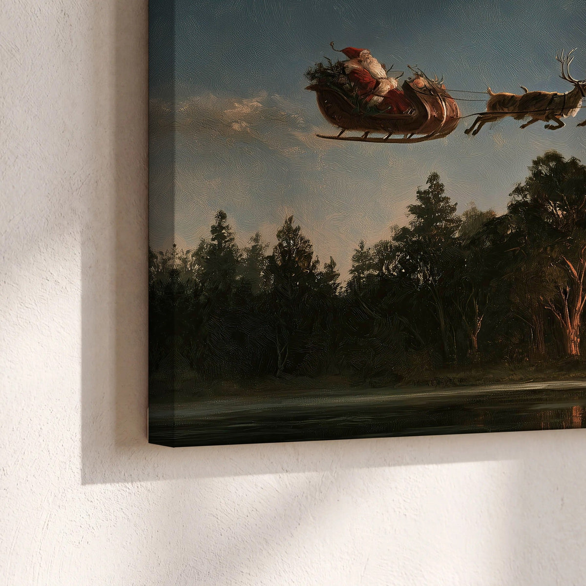 Santa sleigh at dusk painting canvas print close-up showing the gallery-wrapped edge