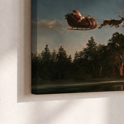 Santa sleigh at dusk painting canvas print close-up showing the gallery-wrapped edge