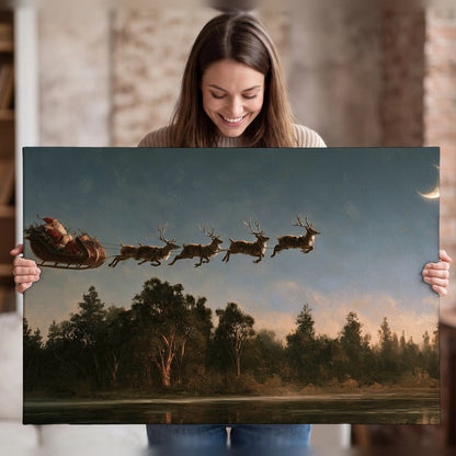 Santa sleigh at dusk painting canvas wall art held in hands