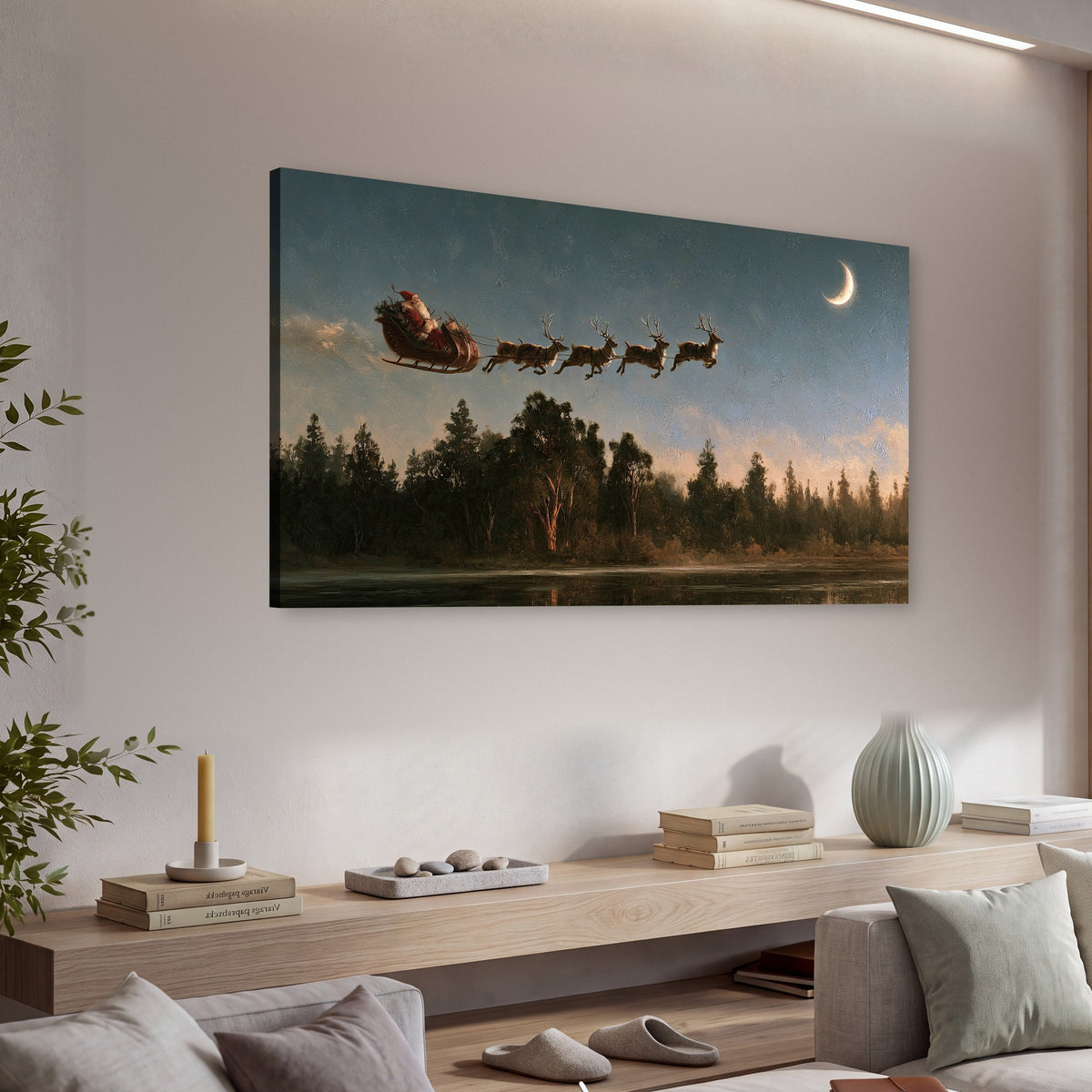 Santa sleigh at dusk painting canvas wall art in a living room above a console