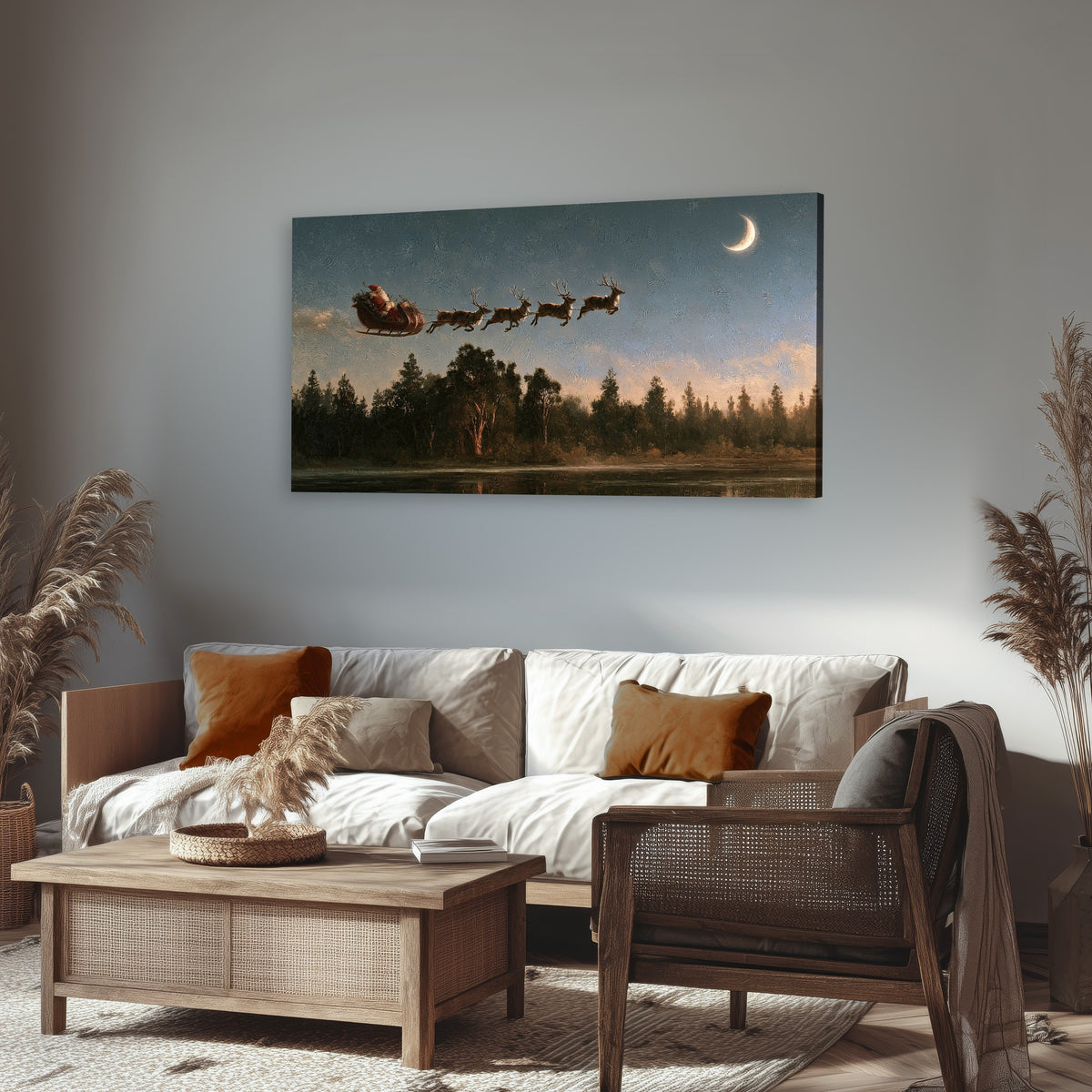 Santa sleigh at dusk painting canvas wall art in a rustic living room