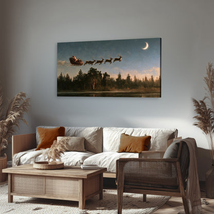 Santa sleigh at dusk painting canvas wall art in a rustic living room
