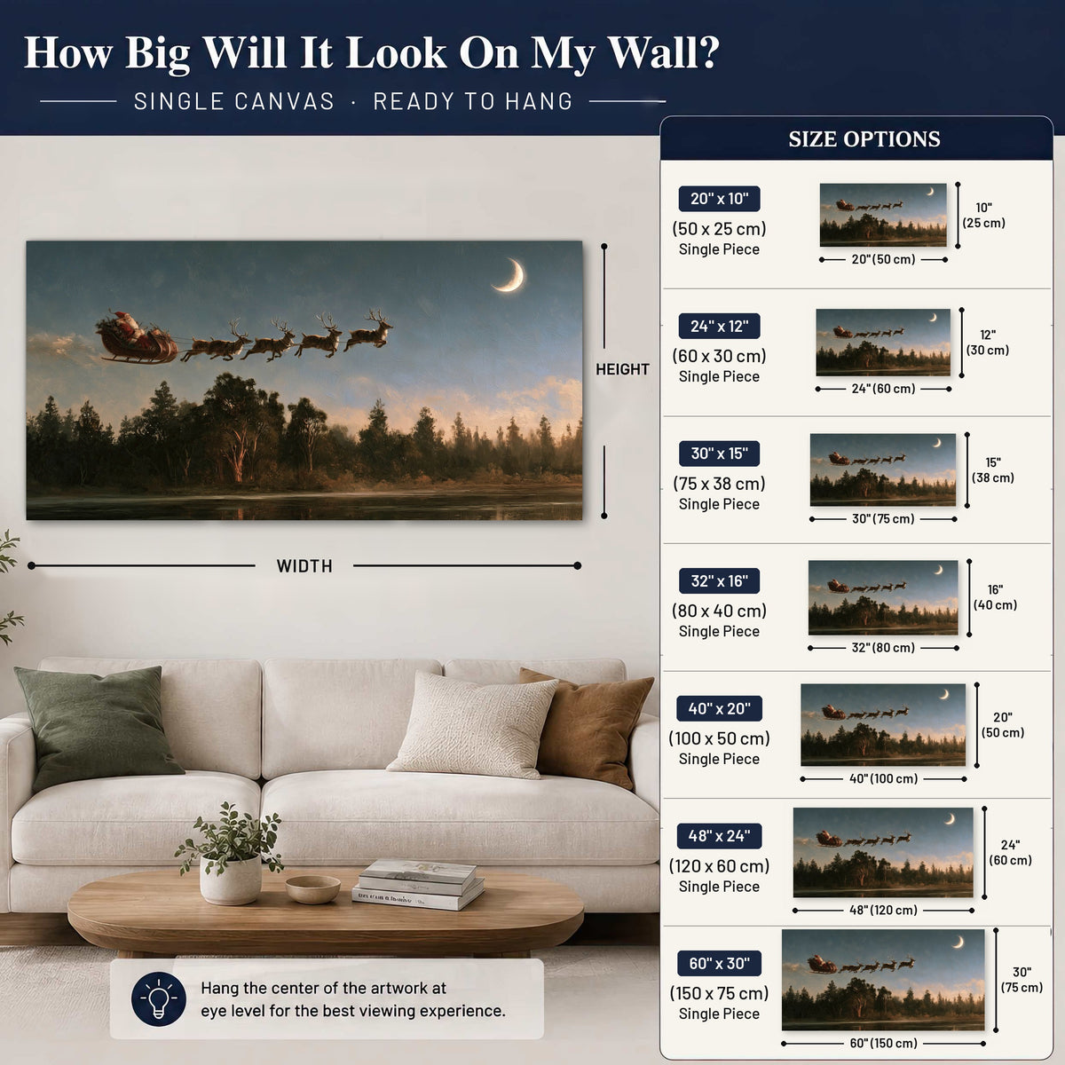 Santa sleigh at dusk painting canvas wall art size guide above a sofa
