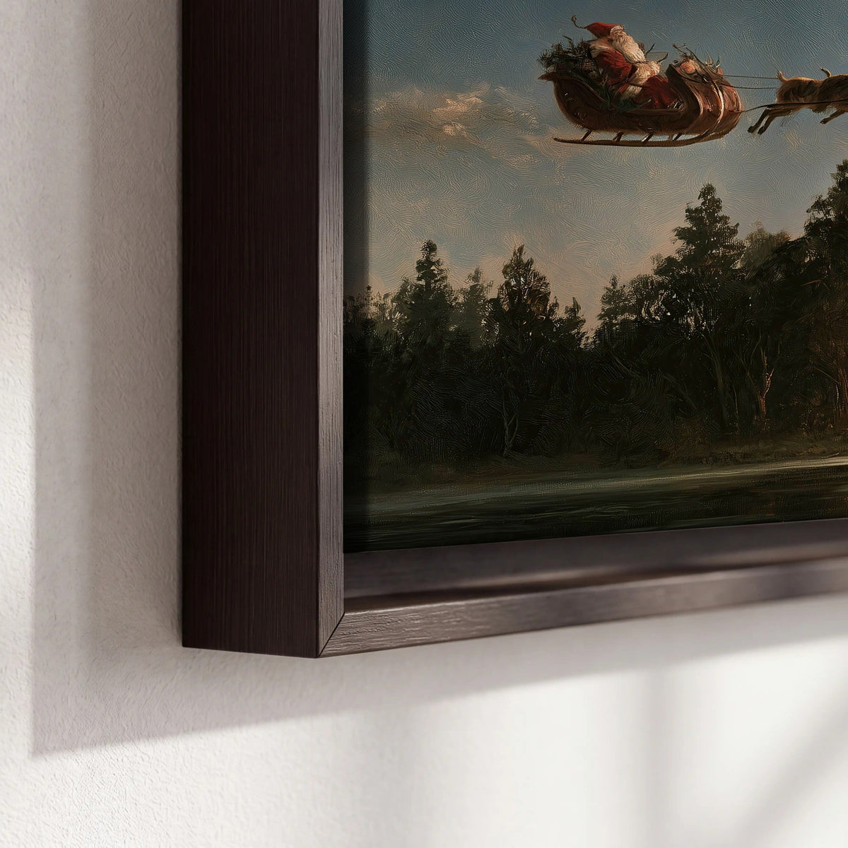 Santa sleigh at dusk painting framed canvas close-up showing the floating frame