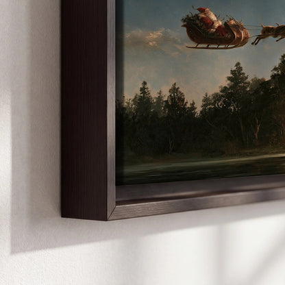 Santa sleigh at dusk painting framed canvas close-up showing the floating frame