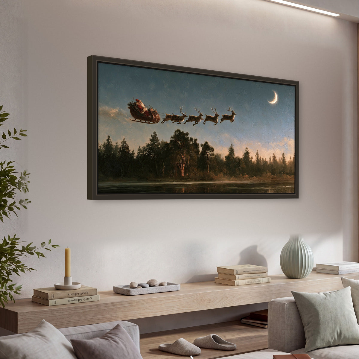 Santa sleigh at dusk painting framed canvas wall art in a living room above a console