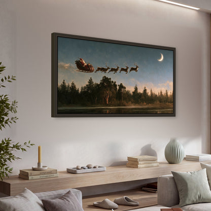 Santa sleigh at dusk painting framed canvas wall art in a living room above a console