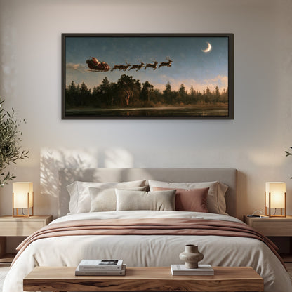 Santa sleigh at dusk painting framed canvas wall art in a bedroom above the bed