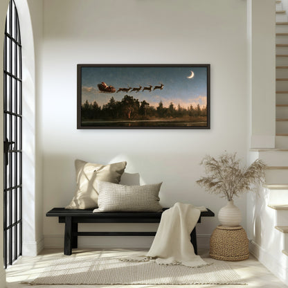 Santa sleigh at dusk painting framed canvas wall art in an entryway above a bench