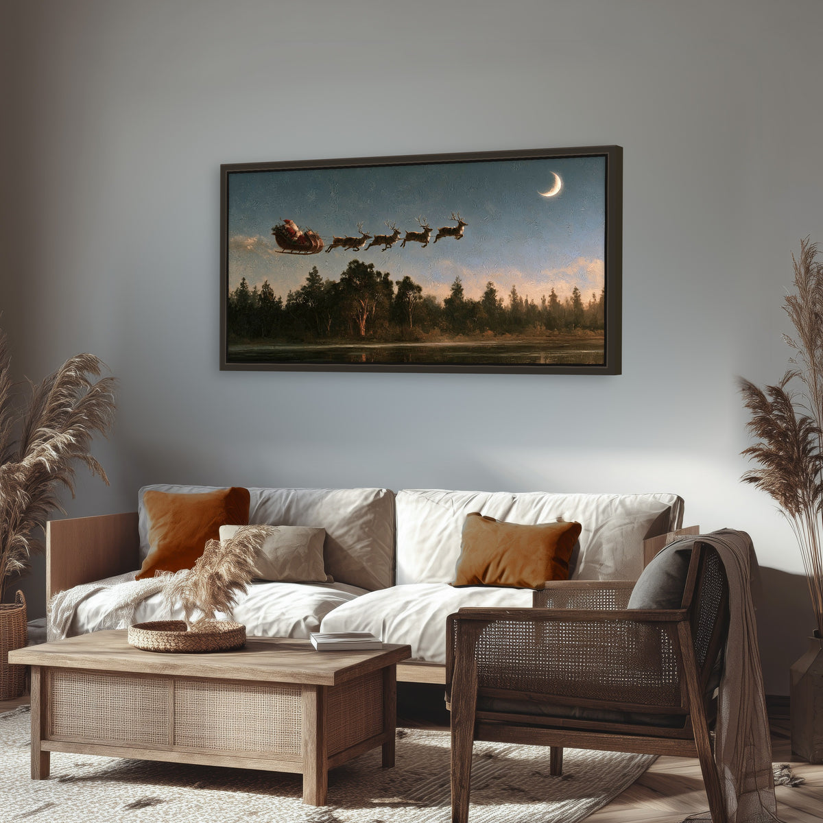 Santa sleigh at dusk painting framed canvas wall art in a rustic living room