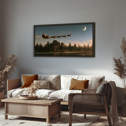Santa sleigh at dusk painting framed canvas wall art in a rustic living room