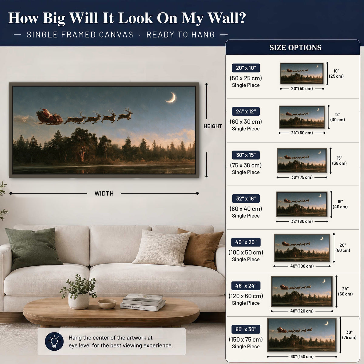 Santa sleigh at dusk painting framed canvas wall art size guide above a sofa