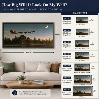 Santa sleigh at dusk painting framed canvas wall art size guide above a sofa