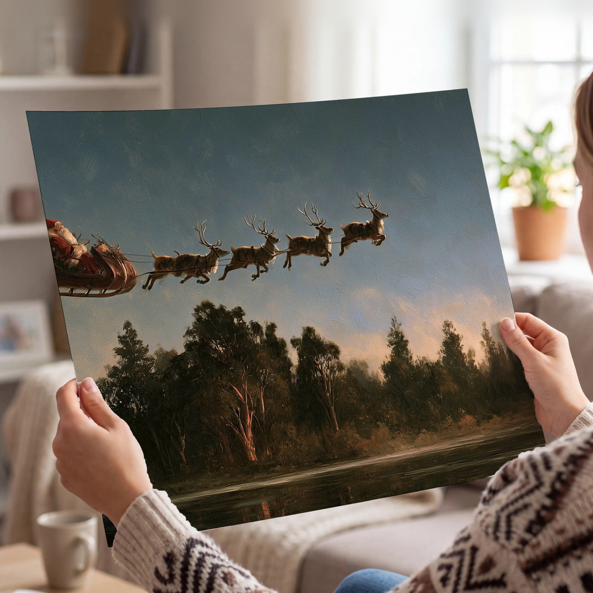Santa sleigh at dusk painting poster print held in hands
