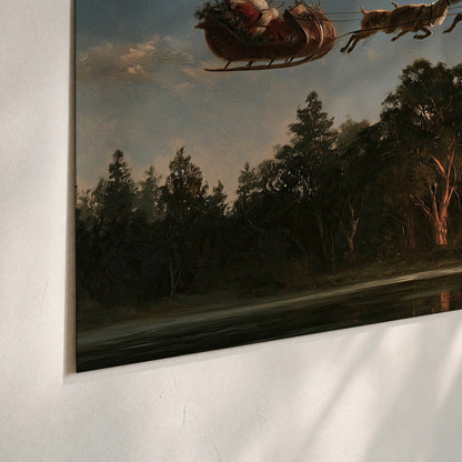 Santa sleigh at dusk painting poster print close-up on matte paper