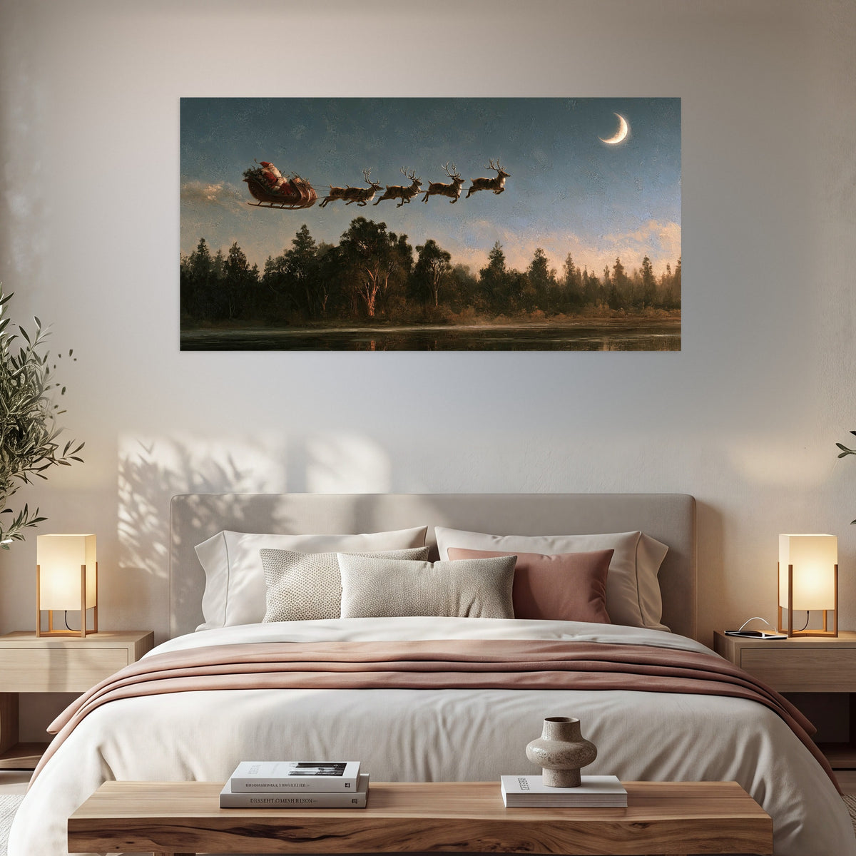 Santa sleigh at dusk painting poster print in a bedroom above the bed