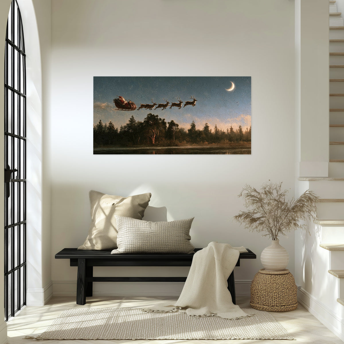 Santa sleigh at dusk painting poster print in an entryway above a bench