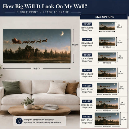 Santa sleigh at dusk painting poster print size guide above a sofa