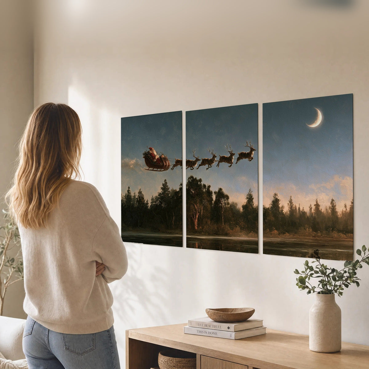 Santa sleigh at dusk painting set of 3 poster prints in a living room