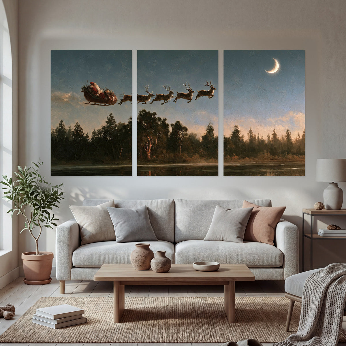 Santa sleigh at dusk painting set of 3 poster prints in a bright living room