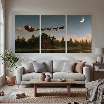 Santa sleigh at dusk painting set of 3 poster prints in a bright living room