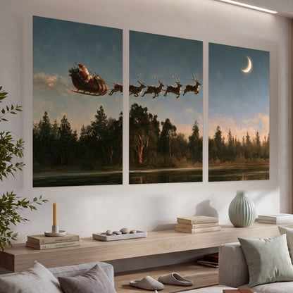 Santa sleigh at dusk painting set of 3 poster prints in a living room above a console