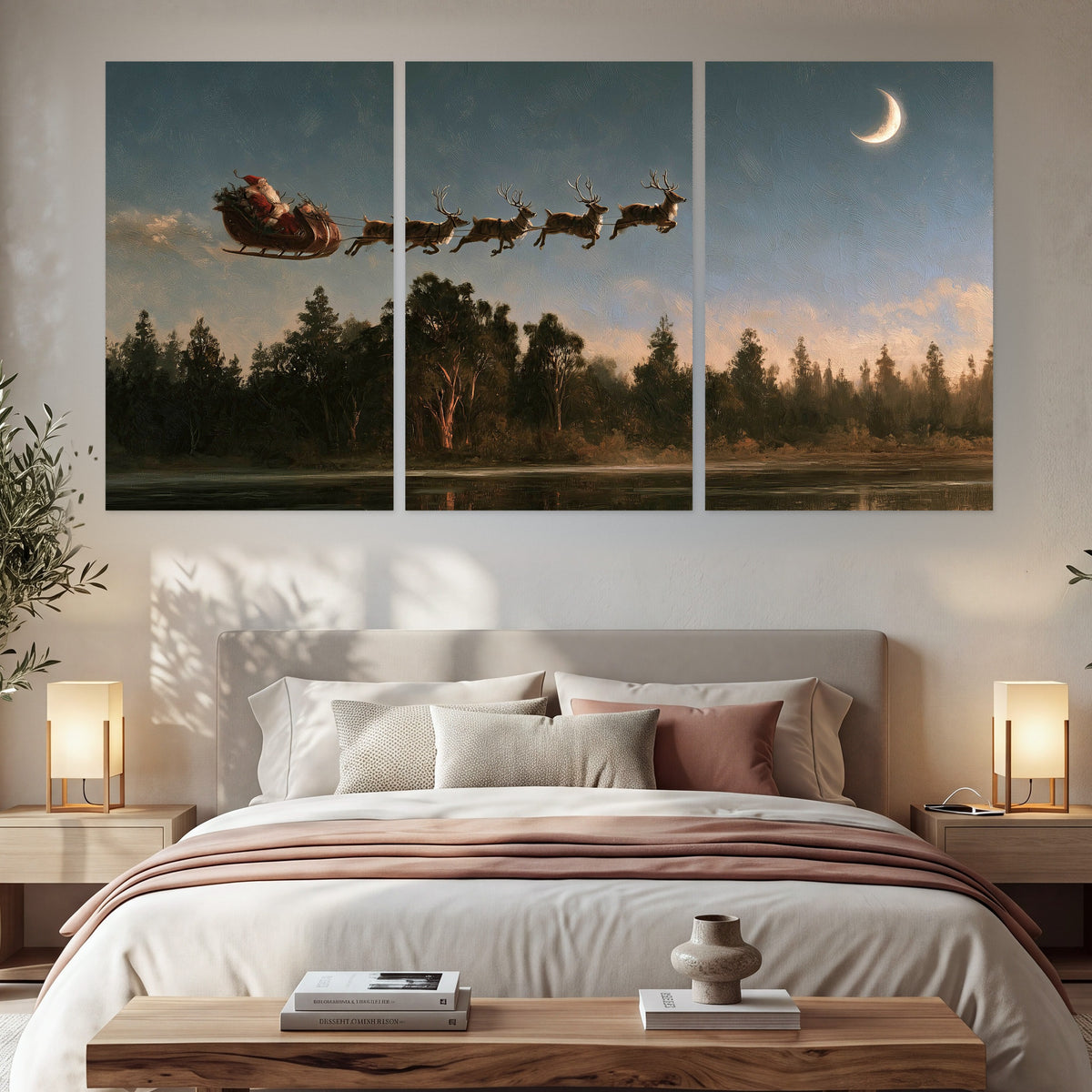 Santa sleigh at dusk painting set of 3 poster prints in a bedroom above the bed