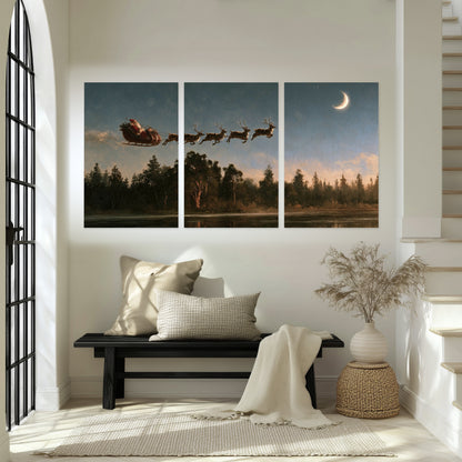 Santa sleigh at dusk painting set of 3 poster prints in an entryway above a bench