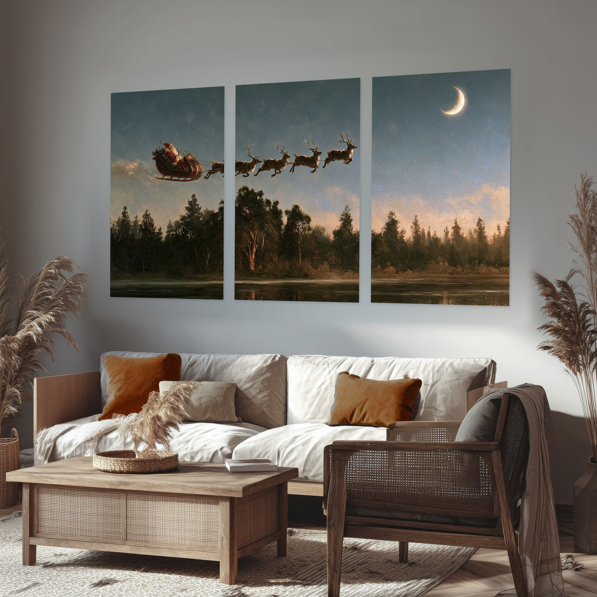 Santa sleigh at dusk painting set of 3 poster prints in a rustic living room
