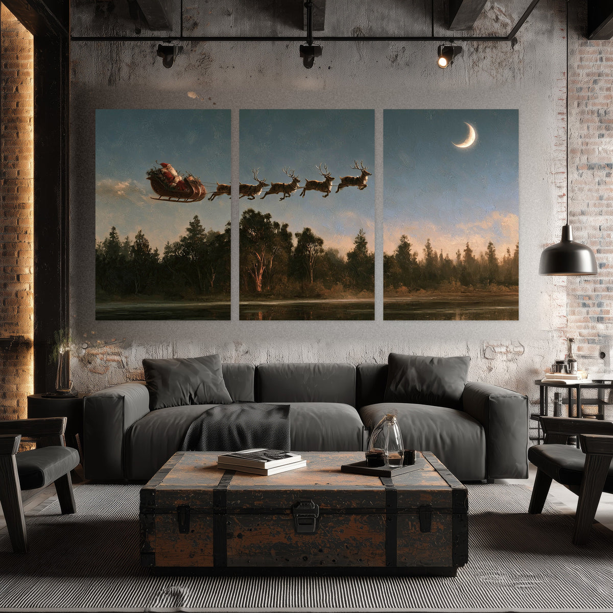 Santa sleigh at dusk painting set of 3 poster prints in an industrial loft