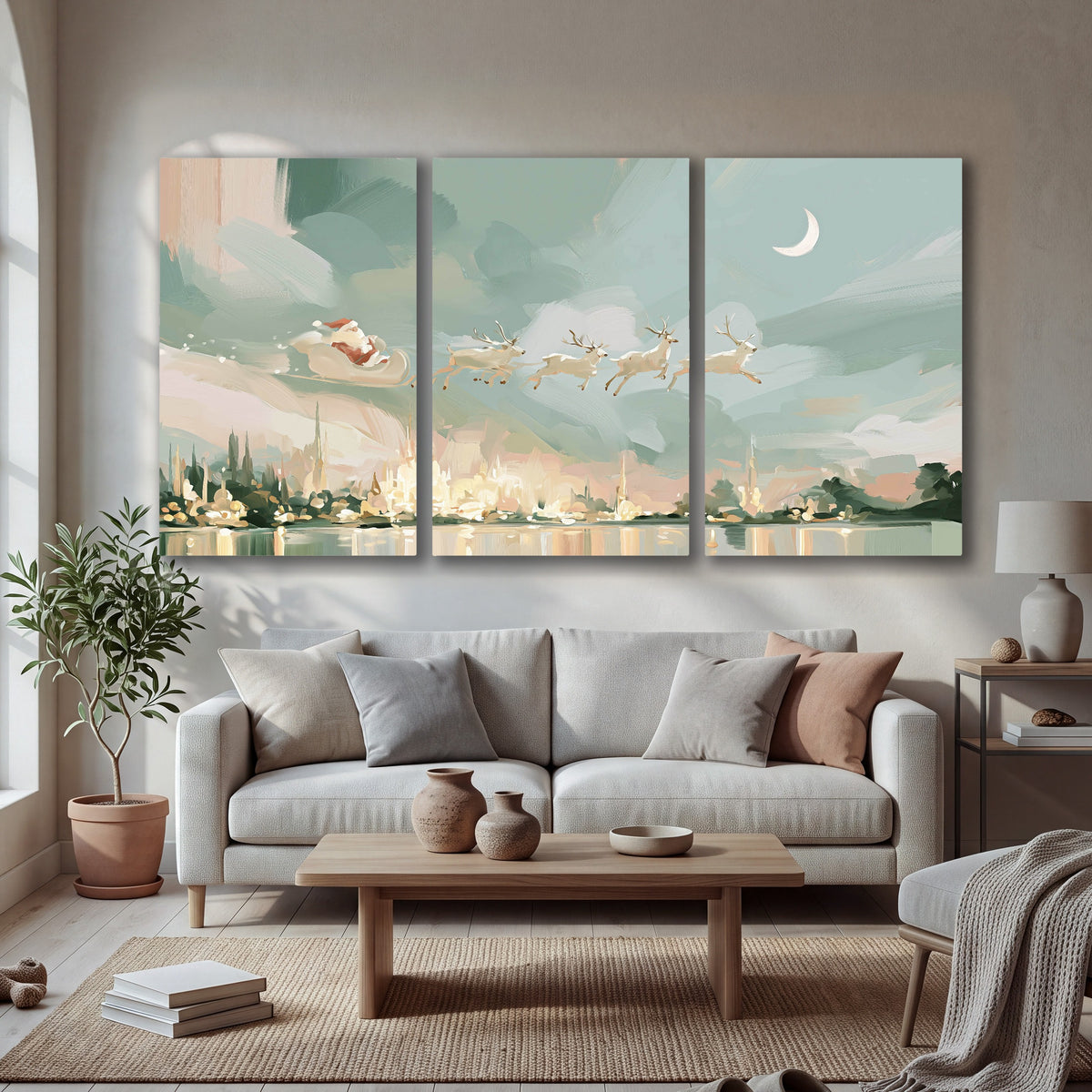 Pastel Santa sleigh painting 3 piece canvas wall art in a bright living room