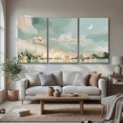 Pastel Santa sleigh painting 3 piece canvas wall art in a bright living room