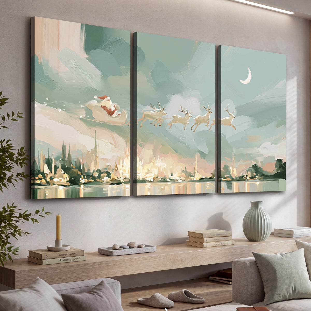Pastel Santa sleigh painting 3 piece canvas wall art in a living room above a console