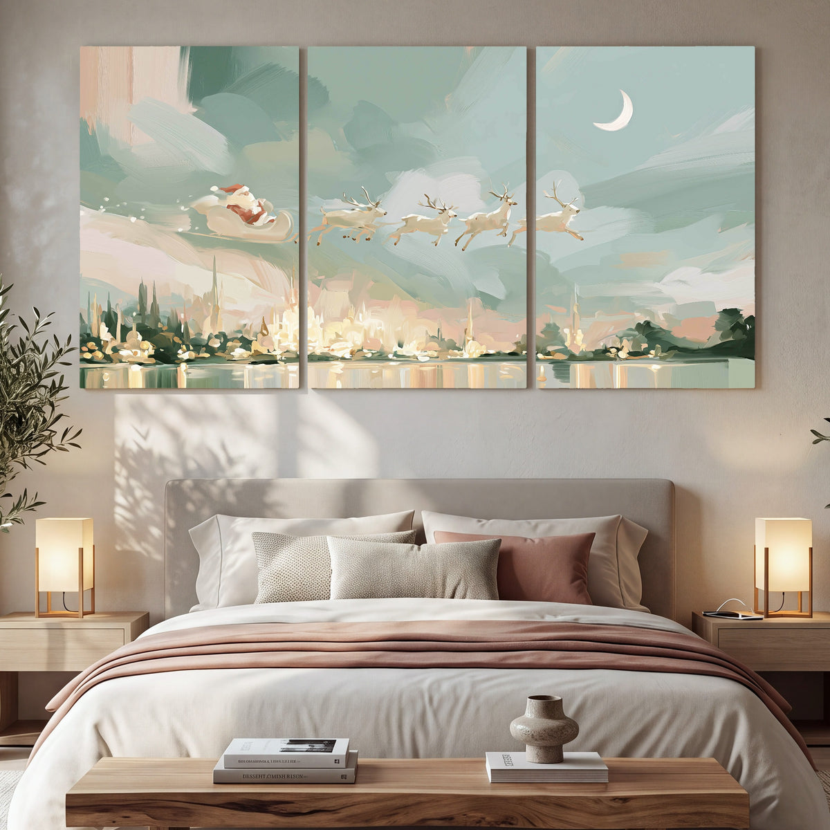 Pastel Santa sleigh painting 3 piece canvas wall art in a bedroom above the bed