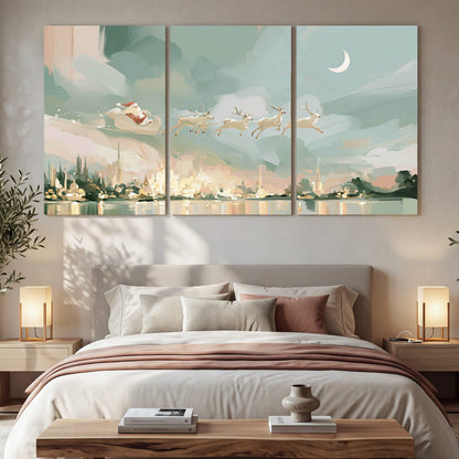 Pastel Santa sleigh painting 3 piece canvas wall art in a bedroom above the bed