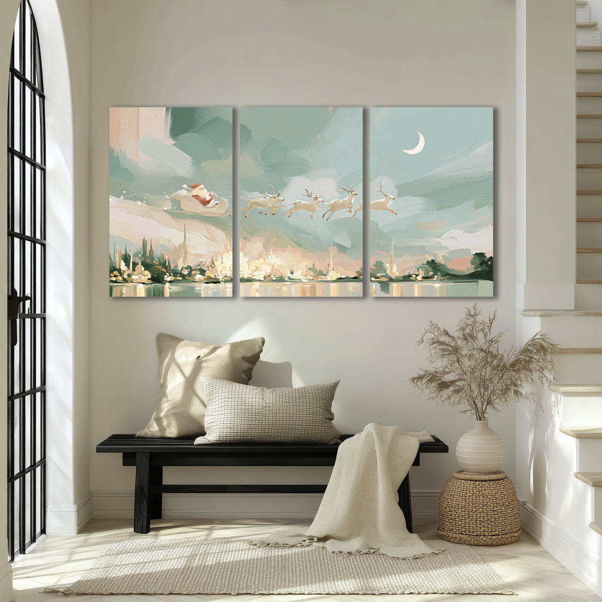 Pastel Santa sleigh painting 3 piece canvas wall art in an entryway above a bench