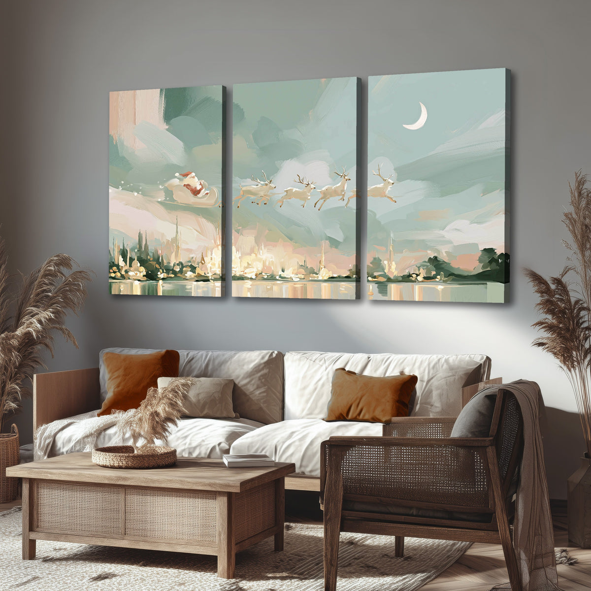 Pastel Santa sleigh painting 3 piece canvas wall art in a rustic living room