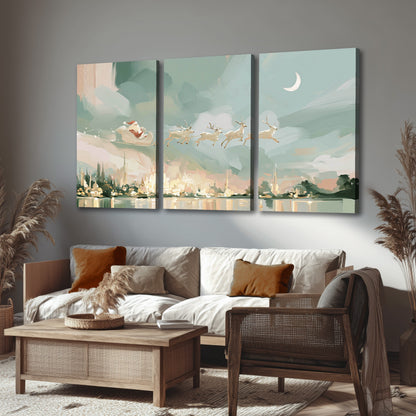 Pastel Santa sleigh painting 3 piece canvas wall art in a rustic living room