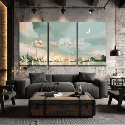 Pastel Santa sleigh painting 3 piece canvas wall art in an industrial loft