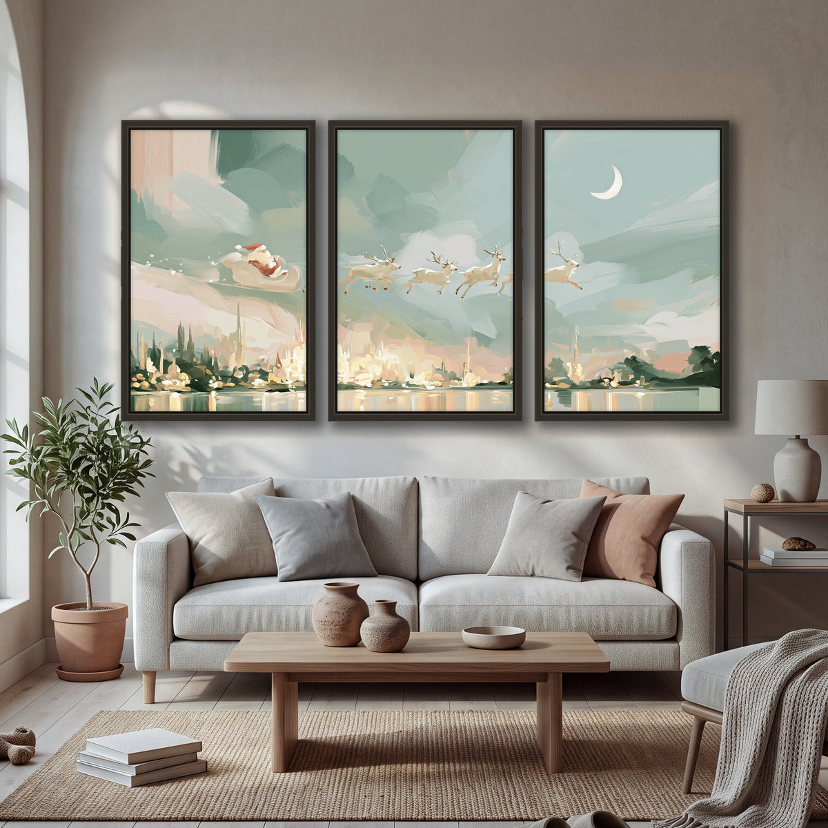 Pastel Santa sleigh painting 3 piece framed canvas in a bright living room