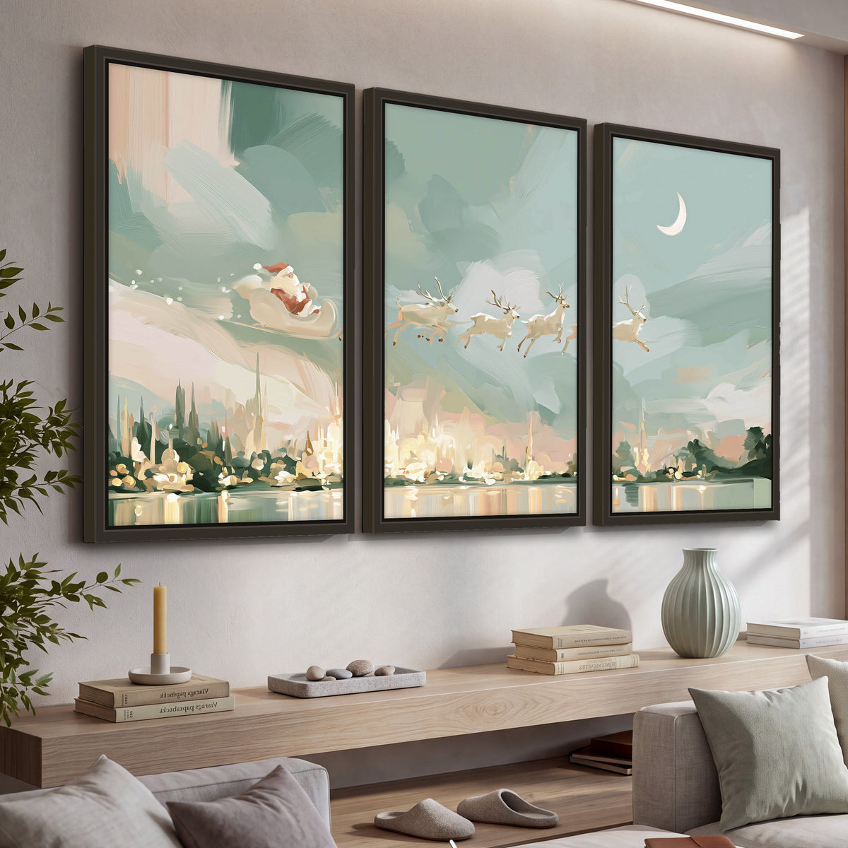 Pastel Santa sleigh painting 3 piece framed canvas in a living room above a console
