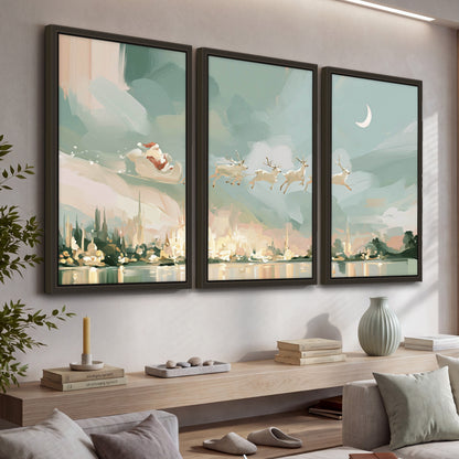 Pastel Santa sleigh painting 3 piece framed canvas in a living room above a console