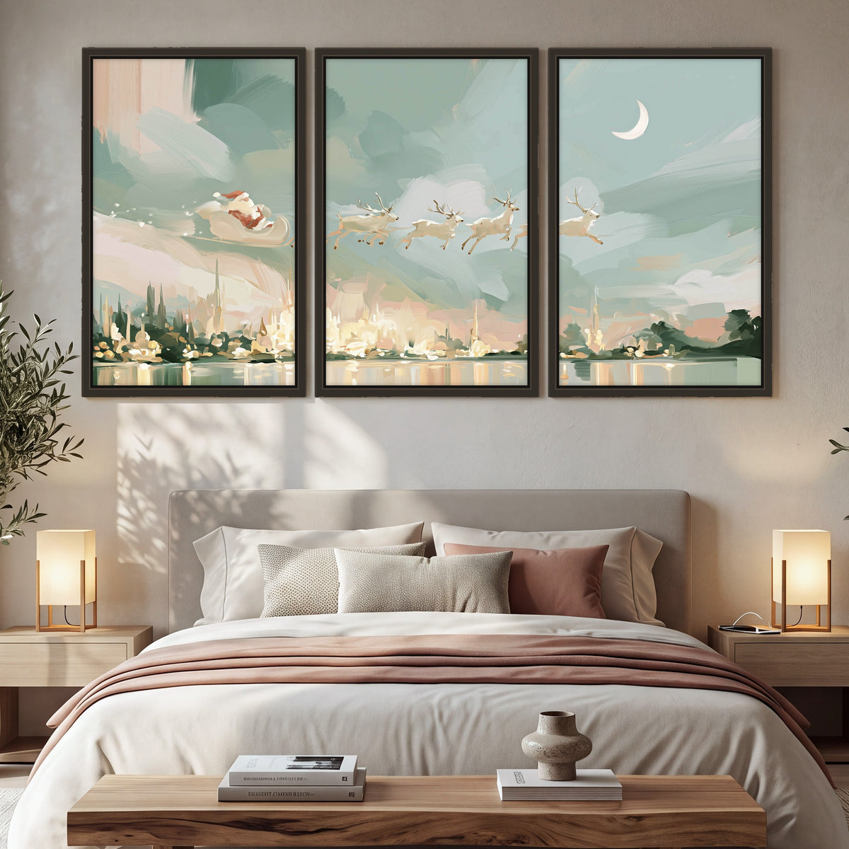 Pastel Santa sleigh painting 3 piece framed canvas in a bedroom above the bed