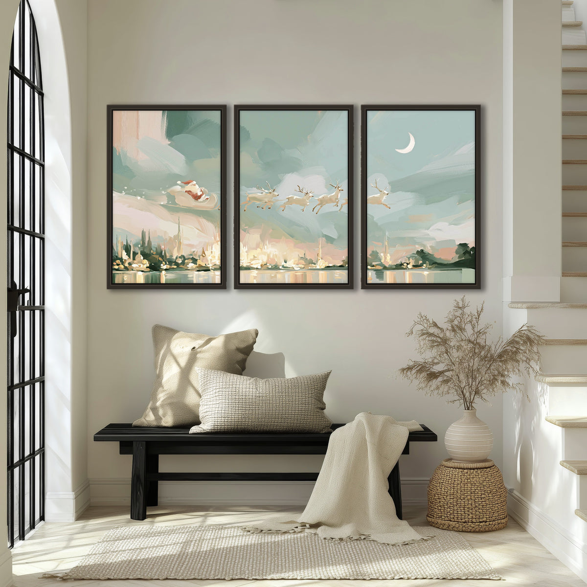 Pastel Santa sleigh painting 3 piece framed canvas in an entryway above a bench
