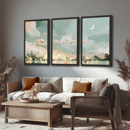 Pastel Santa sleigh painting 3 piece framed canvas in a rustic living room
