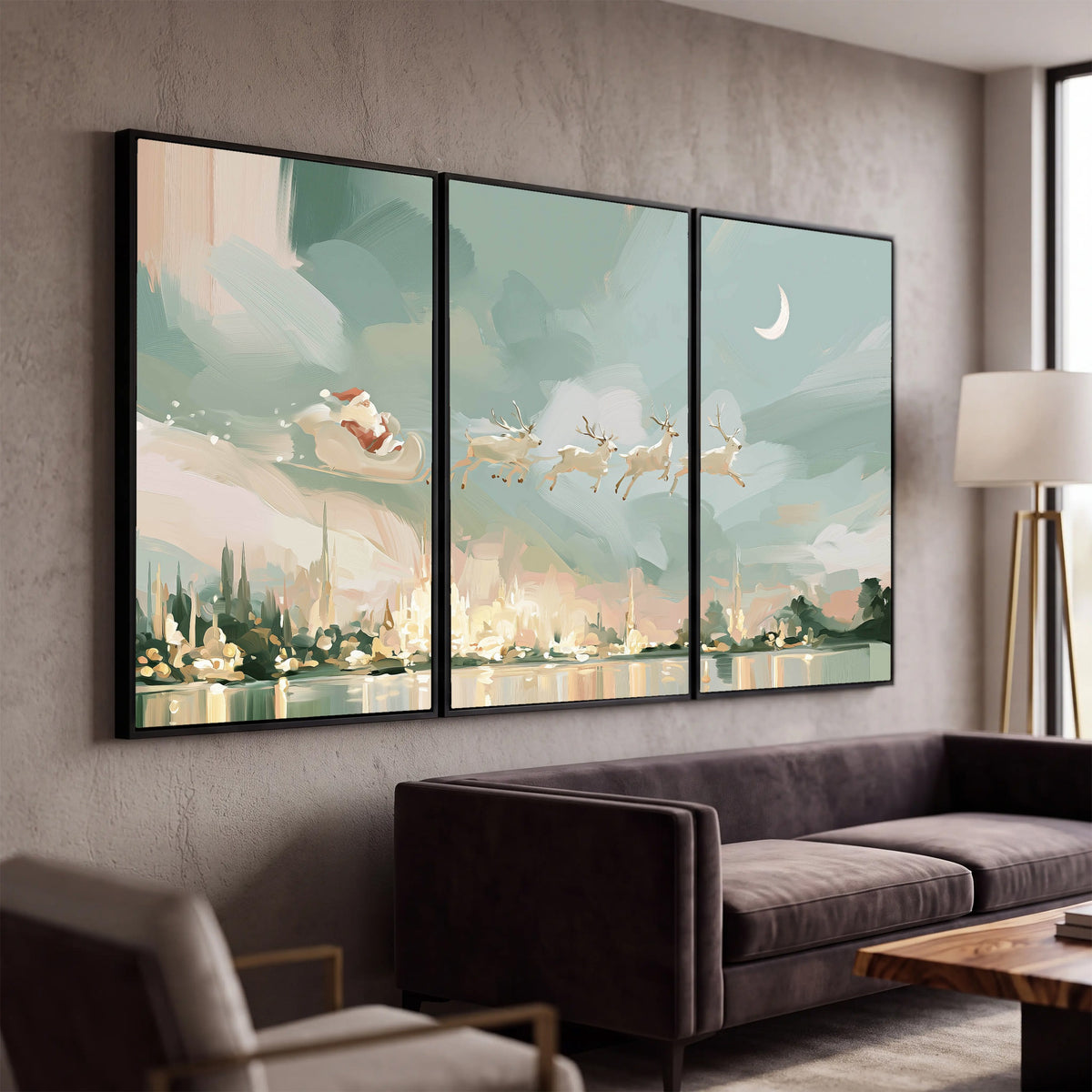 Pastel Santa sleigh painting 3 piece framed canvas in a modern living room