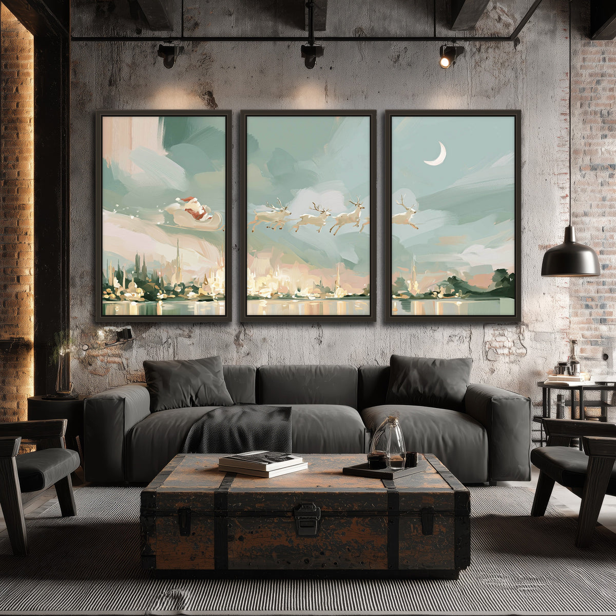 Pastel Santa sleigh painting 3 piece framed canvas in an industrial loft